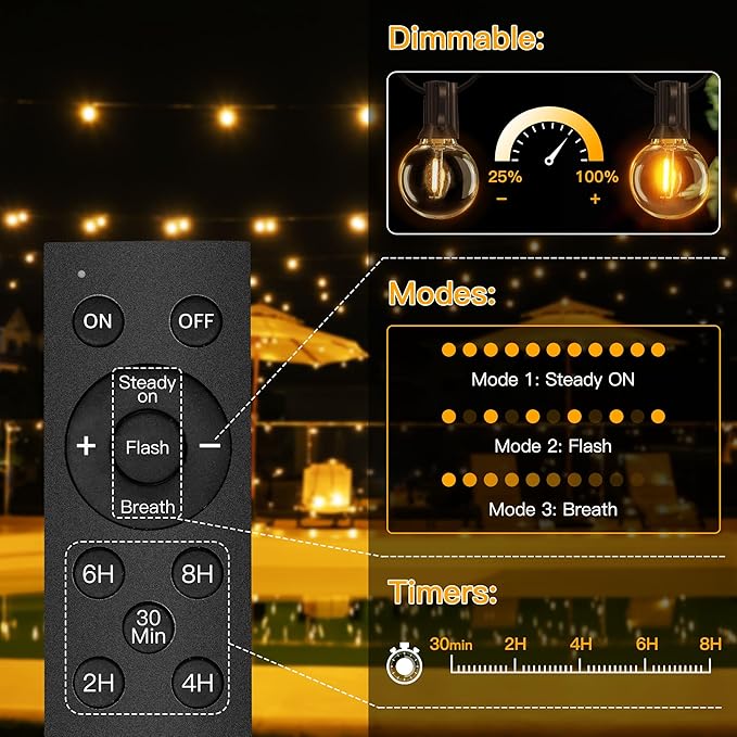 Ollny 110FT Solar String Lights for Outside, Waterproof Remote Control Dimmable Timers 3Modes Outdoor Light with 50 LED + 2 Spare Shatterproof Bulb, G40 Hanging Lights for Patio Pool House Garage
