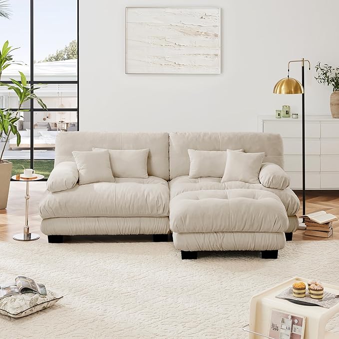Modular Sectional Sofa, L Shaped Couch with Ottoman, 2 Seater Cloud Couch Small Couches for Small Spaces, Modern Deep Seat Sofa Living Room Oversized Loveseat W/Bolster Armrests 4 Pillows