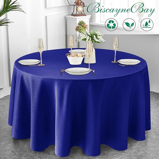 Biscaynebay Textured Fabric Round Tablecloths 90", Royal Blue Water Resistant Table Cloths Circle Folding Table Covers Linen for Dining, Kitchen, Wedding, Parties etc. Machine Washable
