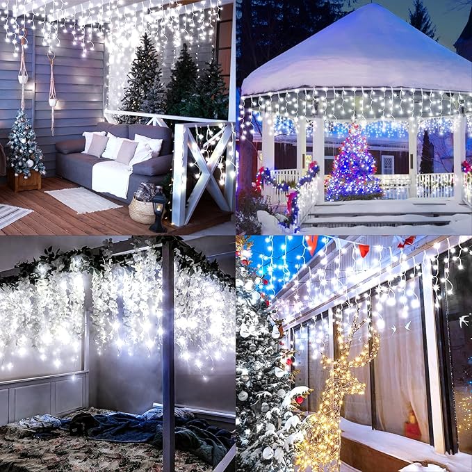 KNONEW 99FT 1216 LED Christmas Lights Outdoor Decorations 8 Modes White Curtain String Light with 228 Drops, Clear Wire LED String Light Indoor Decor for Wedding Party Holiday Christmas