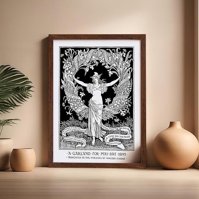 Poster Master Vintage Walter Crane Poster - Retro A Garland for May Day Print - Socialist Art - Gift for Him, Her, Men, Women - Wall Decor for Home, Office, Living Room, 16x20 Brown Framed