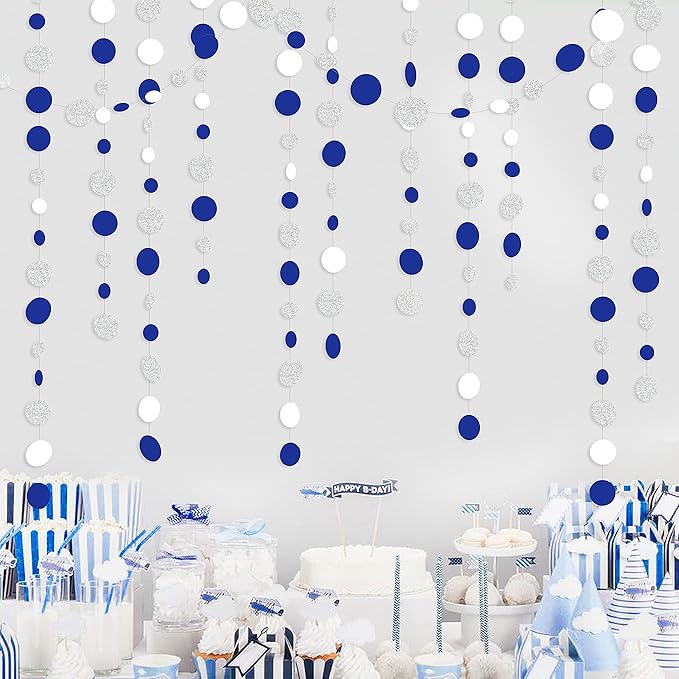 46 Feet Navy Blue White and Silver Circle Dots Garland Royal Blue Hanging Paper Polka Dots Streamer for Birthday Wedding Bridal Baby Shower Nautical Ahoy Achor Pirate Theme Party Decorations Supplies