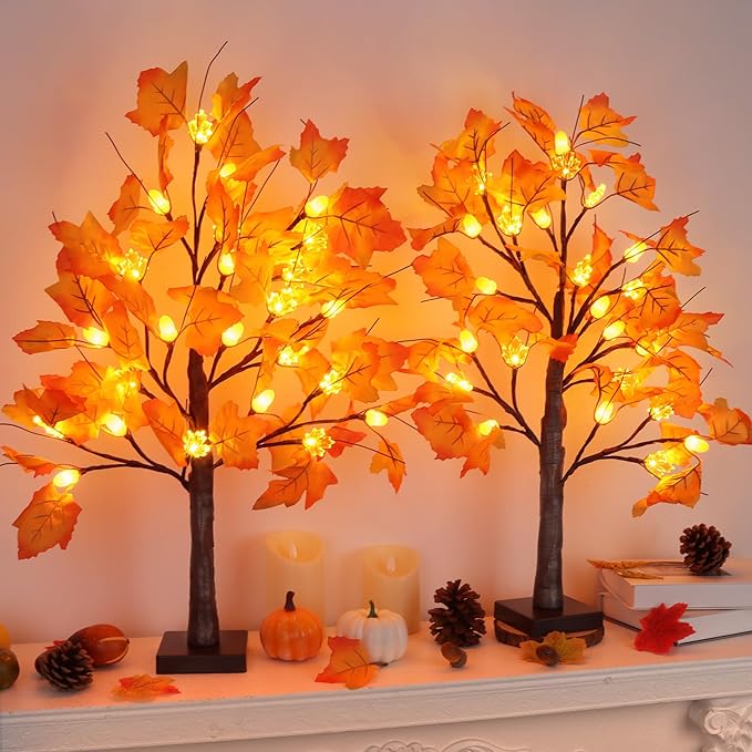 2 Pack 24 Inch Prelit Fall Maple Tree Fall Decorations for Home with 48 LEDs Battery Operated Timer Lighted Acorn Maple Tabletop Light Up Tree for Office Fall Decor Thanksgiving Decorations Indoor
