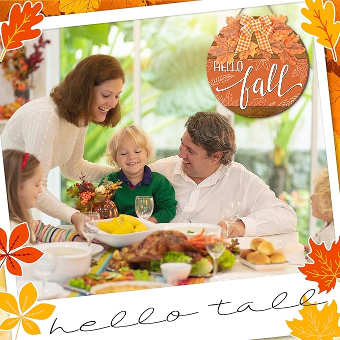 Hello Fall Sign for Front Door Autumn Wooden Hanging Door Hanger Sign Fall Welcome Wreaths with Bow Maple Leaf Farmhouse Wall Decoration for Home Thanksgiving Harvest Front Porch Decor