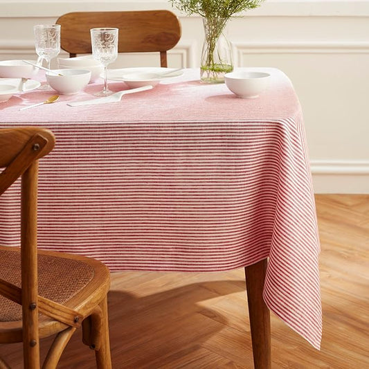 Solino Home Linen Striped Tablecloth 60 x 108 Inch - 100% Pure Linen Red and White Table Cloth for Rectangle Tables - Narrow Stripe, Machine Washable Tablecloth