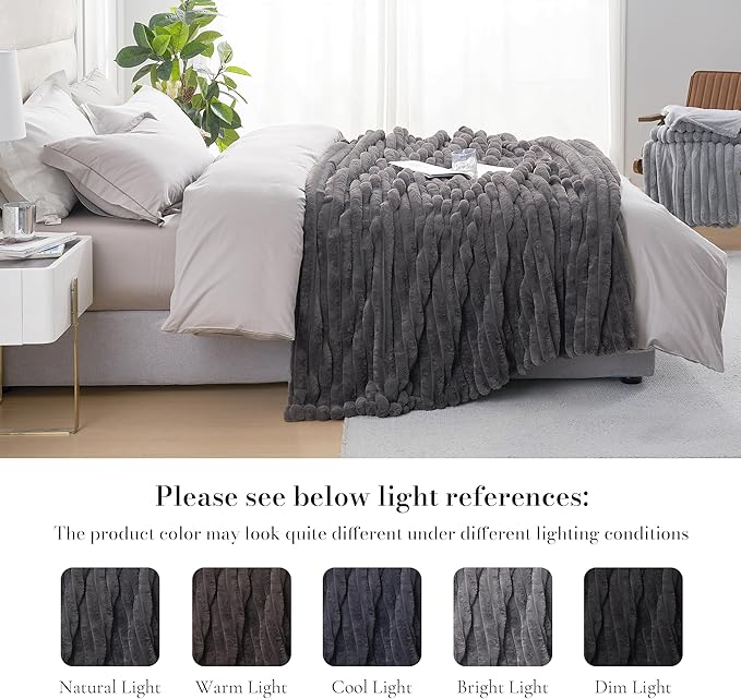 Amélie Home Faux Fur Throw Blanket for Couch, Cozy Fuzzy Fluffy Fur Luxurious Soft Striped Plush Gift Blankets for Family Sofa Chair Bed Living Room Bedroom, 55"x70", Charcoal Grey