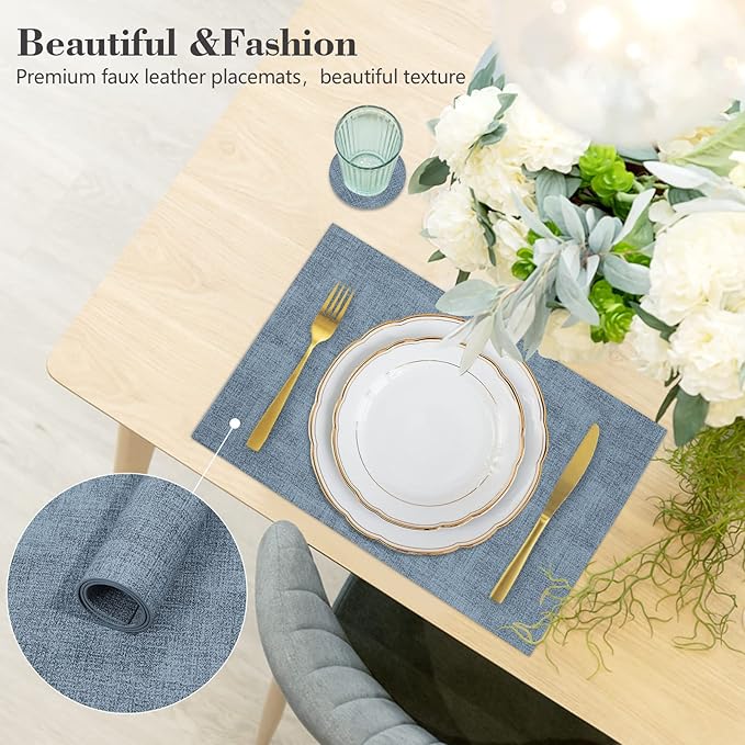 Faux Leather Placemats Set of 6,Heat Resistant Placemats for Dining Table, Easy Clean Non-Slip Place Mats, Waterproof Stain Resistant Wipeable Washable PU Table Mats, (Blue)
