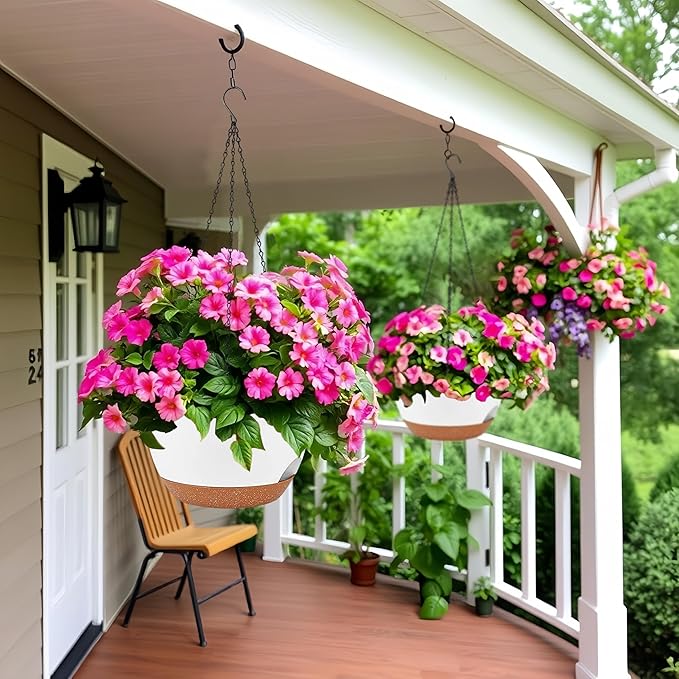 2 Pack 12 Inch Large Hanging Planters with Chains Self Watering White Brown Plastic Hanging Pots for Indoor Outdoor Plants, Garden Porch Home Decor，White Brown