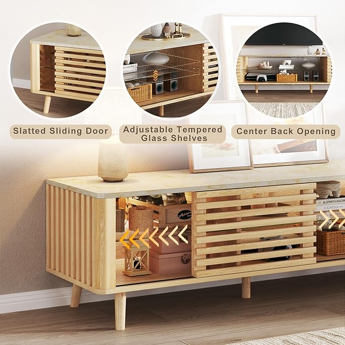 70" Mid Century Modern TV Stand for 55/65/75 Inch TV, Faux Marble Top Entertainment Center with Slatied Sliding Door & LED Lights, Low TV Console with Glass Shelves for Bedroom, Living Room