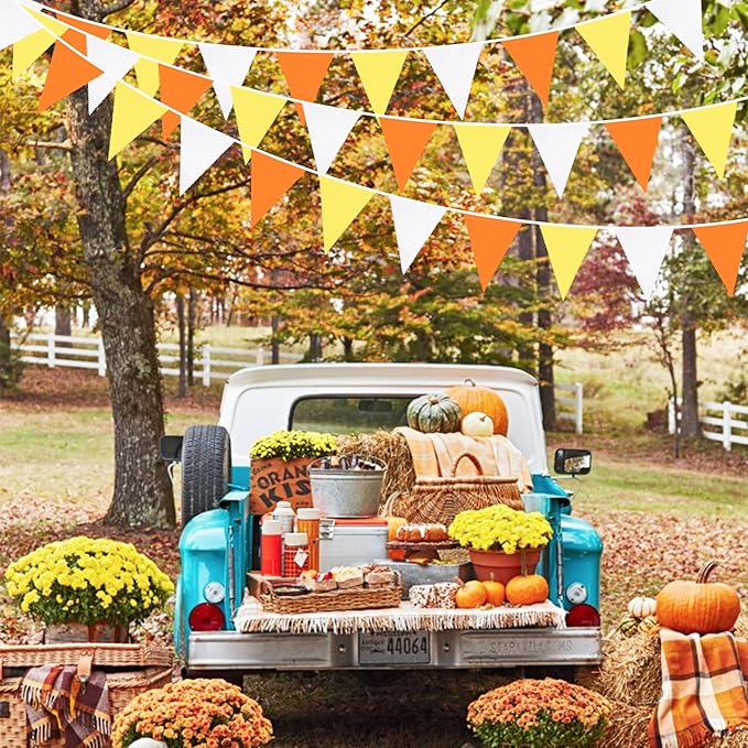 32Ft Orange Yellow White Triangle Flag Fabric Banner Pennant Garland Bunting Streamer for Fall Decor Autumn Wedding Birthday Sunshine Groovy Party Thanksgiving Day Outdoor Garden Hanging Decorations