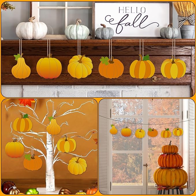 24 PCS Unfinished Wooden Fall Crafts, Pumpkin Shaped Hanging Ornaments DIY Wood Craft Cutouts for Fall Home Decor (Pumpkin)