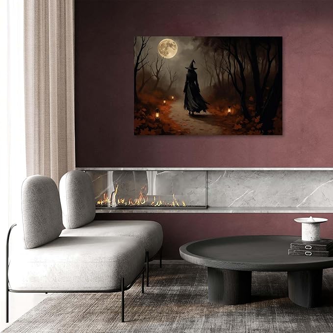 Moonlight witch poster dim lantern Halloween decoration Gothic style dark retro college style canvas wall art suitable for living room bedroom12x16in Wood Framed