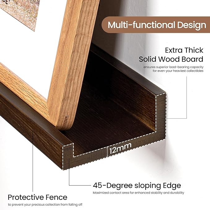 Picture Ledge Shelf, Solid Pine Wood Floating Shelves Set of 2, 40 Inches Nursery Book Shelves for Toys Storage, Kids Bookshelf Wall Mounted for Living Room Bedroom Decor Books Photo Frames, Walnut