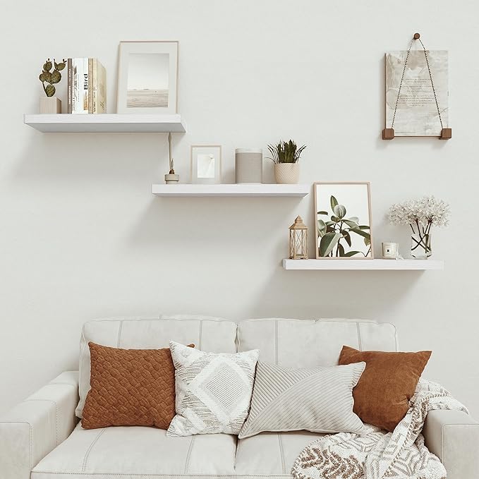 Floating Shelves for Wall 24 inchs Long, 9.1” deep x 1.5” Wall Shelf for Bedroom, Bathroom, Living Room, Kitchen, Office Home Decor, Deep Wood Shelves with Invisible Brackets, Set of 2 White