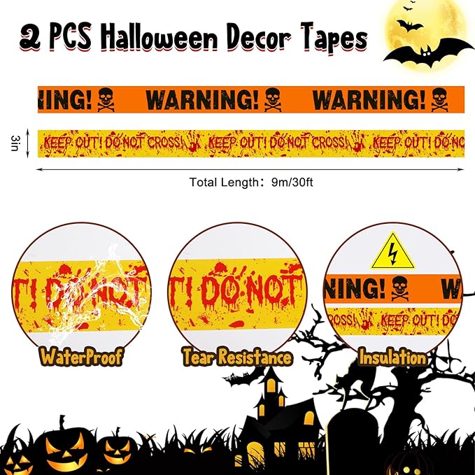 Halloween Decorations, 5 Sheets Wall Decals-Bloody Handprint Stickers, 2 Pack Halloween Banners and 2 PCS Caution Tape Rolls 3inx30ft for Indoor, Outdoor, Party Decor, Haunted Mansion