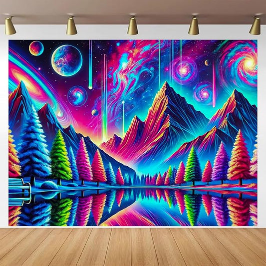 BlissYard Alien Galaxy Reflection UV Black Light Tapestry 78x59 Inches Art Color Neon Light Background Bedroom Living Room Wall Party Decoration Trippy Cosmic Trees Planet Lake Mountain View