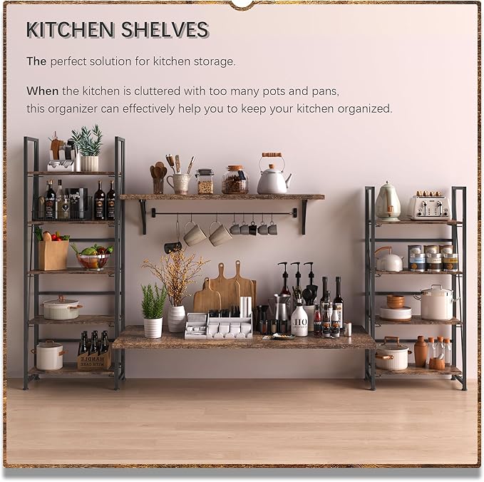 4NM No Assembly Foldable Bookshelf, 5-Shelf Collapsible Bookcase Storage for Small Spaces, 62.2" H, Rustic Brown and Black