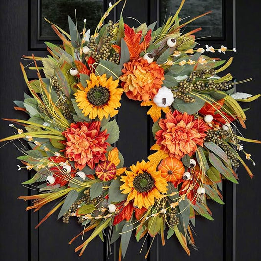 Fall Wreaths for Front Door 24 Inch Fall Wreath with Pumpkins, Sunflowers & Berries – Outdoor Autumn Wreath for Porch, Thanksgiving, Halloween & Harvest Decor