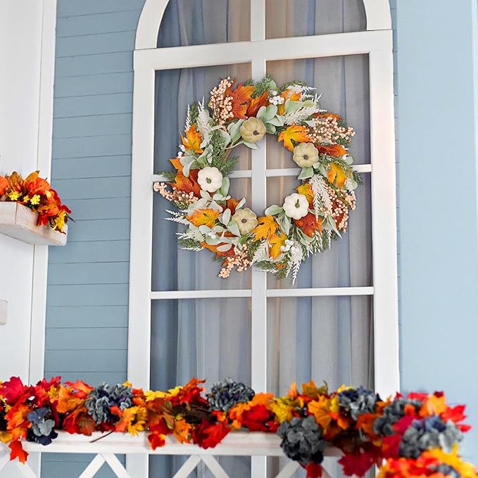 GENMOUS 24inch Fall Wreaths for Front Door, Maple Leaves Autumn Wreath Eucalyptus Berries Pumpkins Lamb Ears Leaves, Porch Wall, Home Outdoor Indoor Thanksgiving Halloween Harvest Holiday Fall Decor