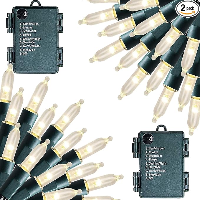 Dazzle Bright Battery Operated Christmas Lights, 2 Pack 32Ft 100LED Clear Mini String Lights Waterproof with 8 Modes for Xmas Indoor Outdoor Yard Holiday Wedding Decorations (Warm White)