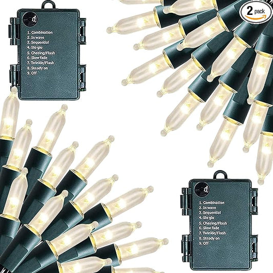 Dazzle Bright Battery Operated Christmas Lights, 2 Pack 32Ft 100LED Clear Mini String Lights Waterproof with 8 Modes for Xmas Indoor Outdoor Yard Holiday Wedding Decorations (Warm White)