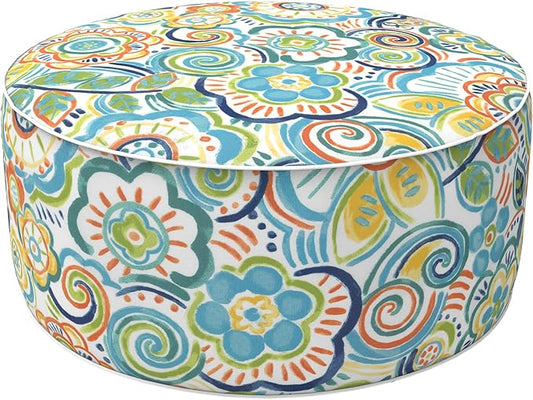 LVTXIII Outdoor/Indoor Inflatable Stool Ottoman, All Weather Patio Footrest Pouf, Portable Round Ottoman for Patio Garden, Camping or Home, D21xH9 Inches, Flower Blue