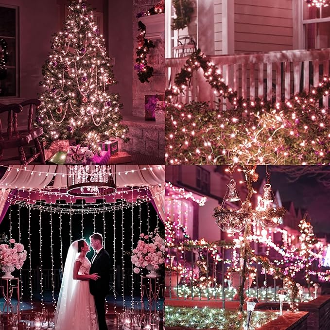 Pink Christmas Lights 25FT 100 Incandescent Bulbs, Pink Mini Lights with White Wire for Valentine's Day, Wedding, Garland, Thanksgiving, Party, Home, Indoor & Outdoor Festival Xmas Decoration