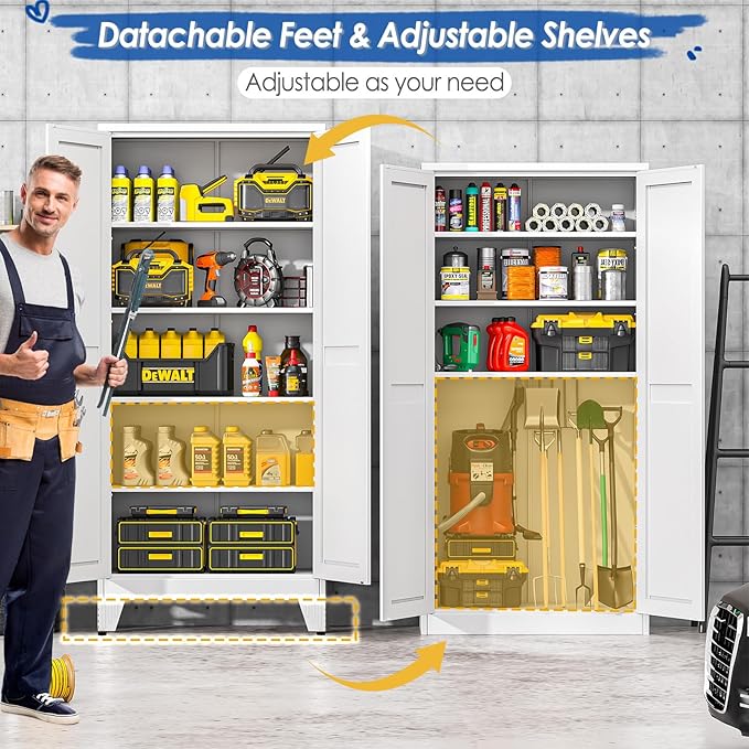 71" Tall Metal Storage Cabinet with 2 Doors and 4 Adjustable Shelves, Kitchen Pantry Cabinet White Freestanding Cupboard, 5 Tier Multifunctional Steel Storage for Office, Kitchen, Dining Room