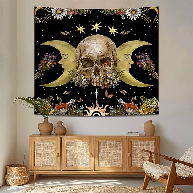 Atrippy Halloween Vintage Gothic Tapestry for Bedroom, Goth Skull Floral Wall Decor Tapestry, Sun and Moon Skeleton Flower Tapestries Aesthetic, Dark Room Decor Wall Hanging for Living Room Dorm 60x79 Inches
