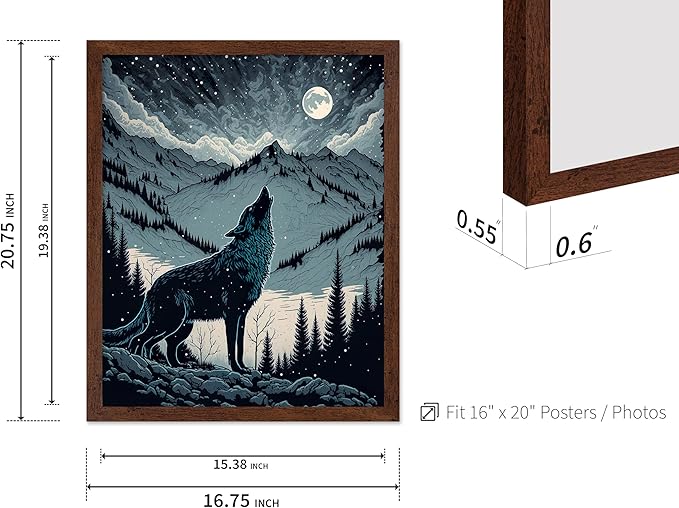Poster Master Vintage Illustration Poster - Retro Animal Print - Gift for Artist, Friend - Wolf Howling at the Moon, Mountain, Snow, Landscape - Wall Decor for Home, Office, 16x20 Brown Framed