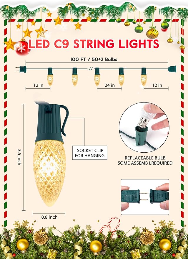 Brightown Outdoor Christmas Lights, 100 Ft C9 LED Commercial String Lights with Warm White Strawberry C9 Bulbs, Waterproof Connectable UL Certified C9 Lights for Indoor Home Yard Xmas Tree Decor