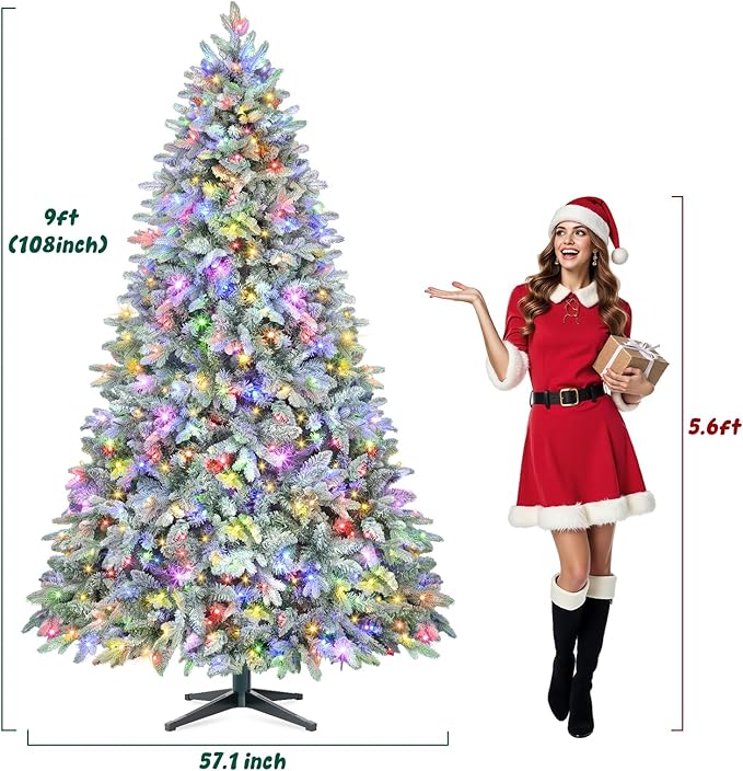 9FT Rotating Christmas Tree with Remote, Pre-Lit Artificial Green PE & PVC Xmas Tree, Multicolor LED Lights with Music & Flash Modes, Deluxe Holiday Home Decor