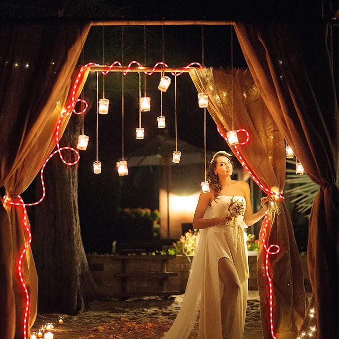 JMEXSUSS Solar Rope Lights, 2 Pack 100 LED 33ft 8 Modes Solar Rope Lights Outdoor Waterproof Red LED Christmas Light for Tent Gazebo, Trampoline, Walkway, Pool Decor(Red)