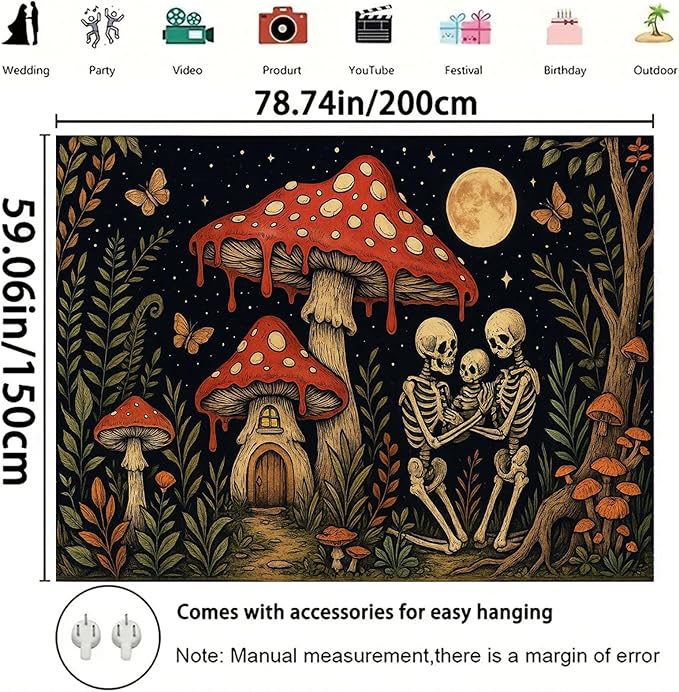 Starlit Patio Skeleton Family Blacklight Tapestry UV Reactive Wall Hanging Mushroom House and Moon for Bedroom Dorm Living Room Glowing Cottagecore Decor Fluorescent Trippy Poster 78 x 59 Inch