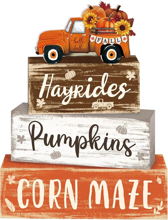 4 Pcs Fall Decor for Home Truck Pumpkin Wooden Signs with Sayings Autumn Thanksgiving Tiered Tray Decor Fall Hay Ride Tabletop Centerpiece Corn Maze Block Signs for Office Kitchen Shelf