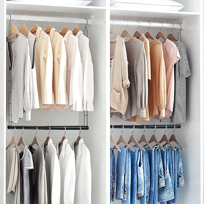 STORAGE MANIAC Hanging Closet Rod, Adjustable Width and Height Closet Hanging Organizer, Space-Saving Clothes Hanging Bar, Closet Extender Hanging Rod Double Closet Hanging Rod, 2 Pack Black