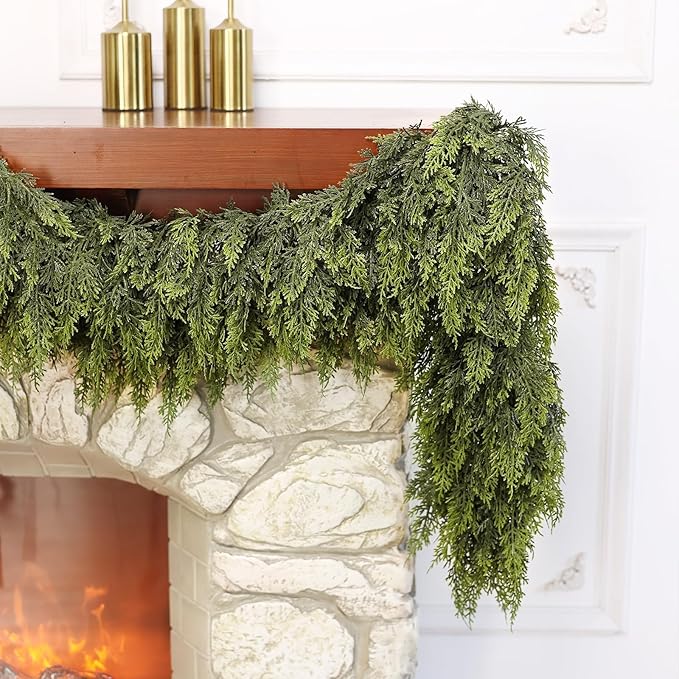 Real Touch Cedar Garland - Artificial Christmas Garlands Faux Green Cedar Fake Pine Needles Garland for Fireplace,Table, Stairs, Mantle, Window,Indoor Outdoor,Home,Holiday Decor(2 PCS,5 FT)
