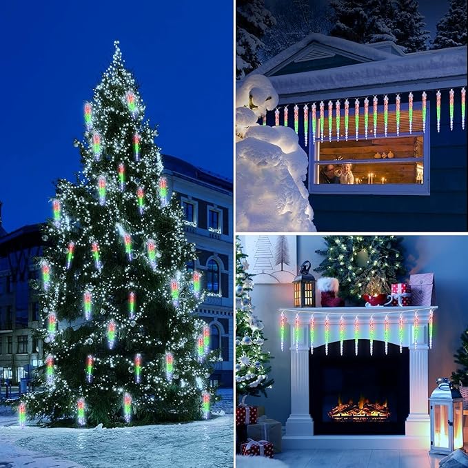 Brightown Christmas Meteor Shower Icicle Lights Outdoor, 30ft with 30 Tube 720 LED Dropping Effect, Waterproof Decorations for House Eave Roofline, Multicolor