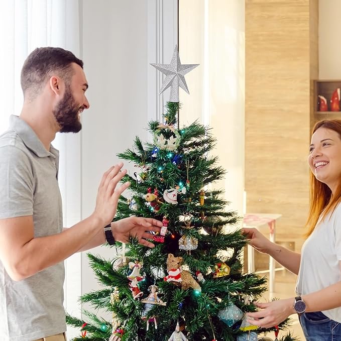 Tree Topper, 6" Silver Christmas Tree Topper with Glitter, 3D Bethlehem Star Xmas Tree Topper Decorations, Waterproof Shatter-Proof Tree Decoration for Christmas Holiday Home Indoor and Outdoor