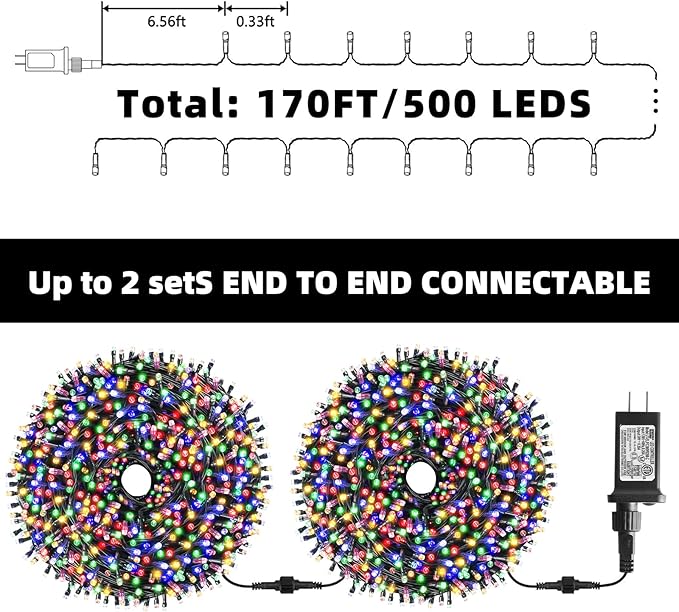 XTF2015 Christmas String Lights 170FT 500 LED, End-to-End Plug 8 Modes Memory Function with Timer - UL Certified - Outdoor Indoor Fairy Christmas Lights for Tree, Patio, Garden, Holiday (Multicolor)
