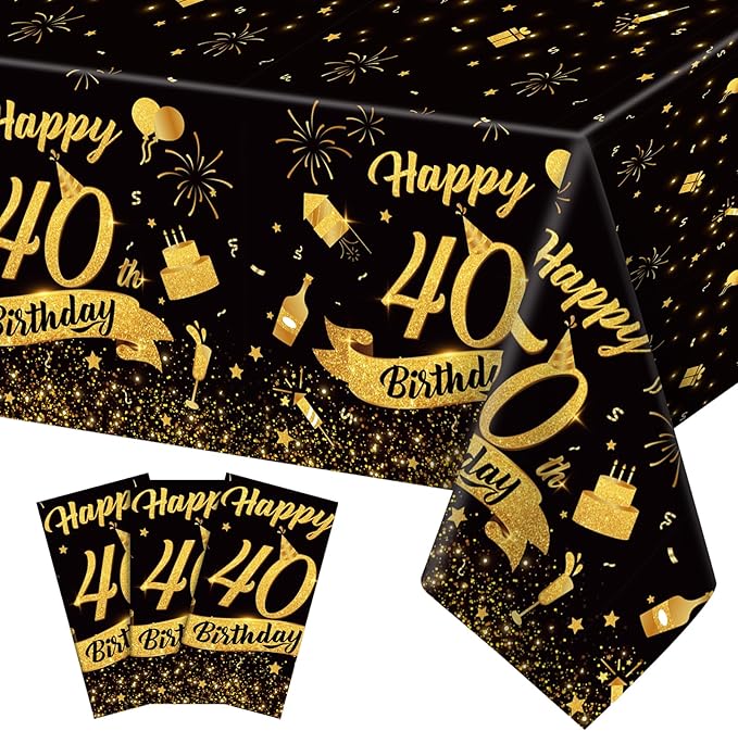 3 Pack 40th Birthday Plastic Black Gold Table Cloths, Rectangular 54x108 Table Cover for Birthday Party Decorations