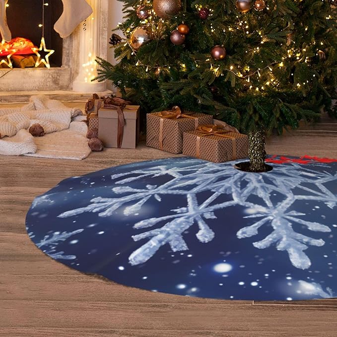 36" Blue Snowflakes Christmas Tree Skirt, Tree Mat Base Cover for Xmas Festive Holiday Party Decoration Ornaments