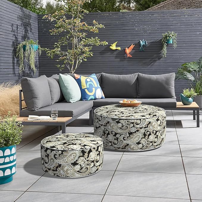 Inflatable Ottoman Stool D31 xH14 for Outdoor/Indoor Use, Water Repellent Patio Foot Rest Stool with Portable Handle,Round Pouf Ottoman Suitable for Garden,Deck and Camping - Paisley Black