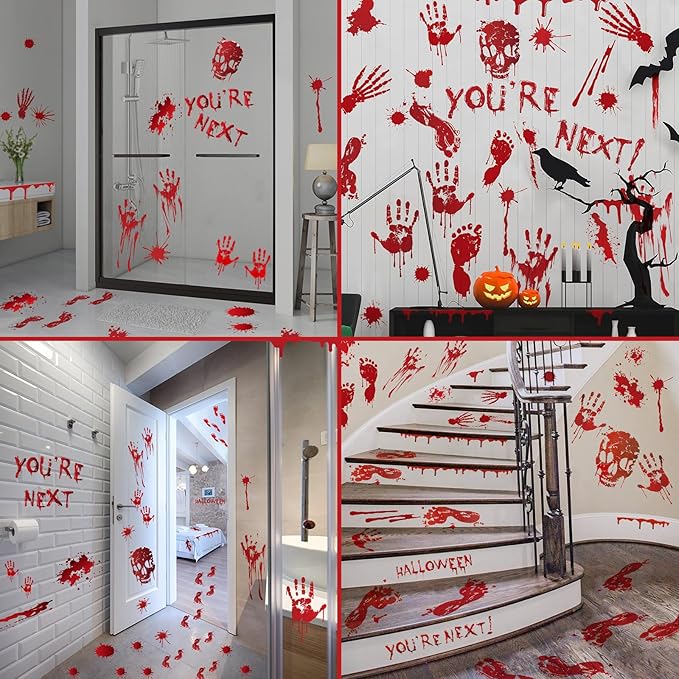 PartyGarden Halloween Decorations - 8 Sheet 86 Pcs Halloween Bloody Handprint Footprint Window Clings Wall Decal Floor Stickers for Inside Outside Home Door Scary Party Décor