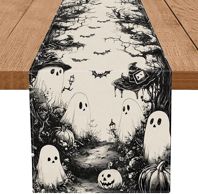 GPGHE Halloween Table Runner Black Ghost Holiday Burlap Table Decoration Indoor Outdoor Home Decor Party Supply 13 x 48 Inch