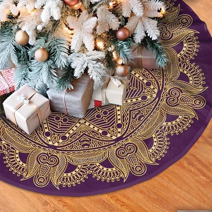 36" Dark Amethyst Purple Mandala Star Christmas Tree Skirt Tree Mat Base Cover for Xmas Festive Holiday Party Decoration Ornaments