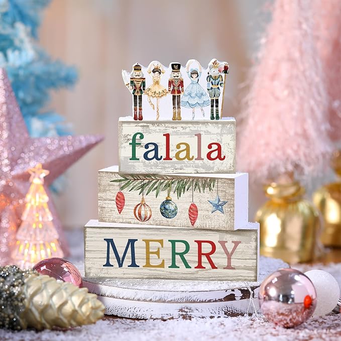 4 Pcs Christmas Table Decorations Wooden Nutcracker Fairy Ballet Merry Christmas Table Centerpiece Decorative Soldier Fairy Ballet Block Signs Gift for Xmas Home Kitchen Tier Tray Decor