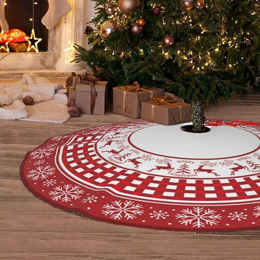 Christmas Tree Skirt, Red Tree Skirts 36 Inch with Snowflake Reindeer Rustic Farmhouse Xmas Tree Skirt Christmas Decorations for Holiday Party Decor Indoor Outdoor (red Snowflake Reindeer, 36 Inch)