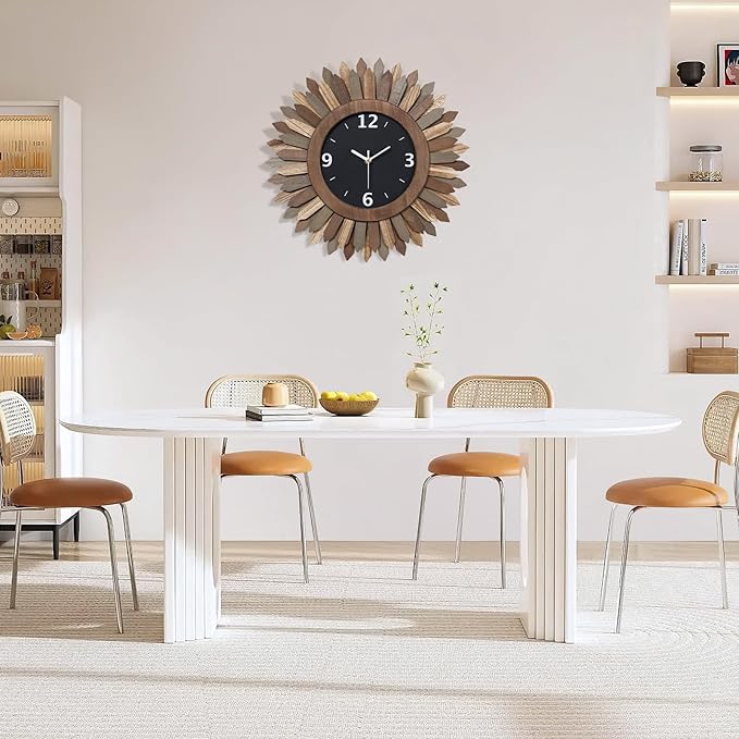 Honiway 16 Inch Wall Clocks, Rustic Wood Boho Sunburst Decorative Wall Clock Battery Operated Silent Non Ticking Farmhouse Large Wall Clocks for Living Room Kitchen Bedroom Home Decor (Tricolor)