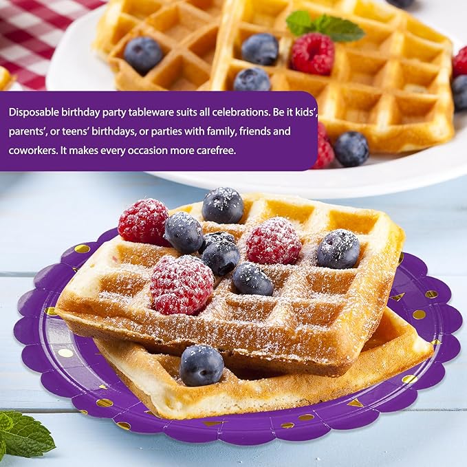 50PCS Purple Birthday Party Plates Decorations, 7 Inch Scalloped Purple and Gold Paper Plates Disposable Happy Birthday Dessert Cake Plate Party Supplies for Birthday's Decorations